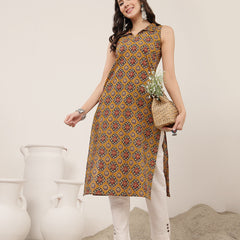 Rayon Calf Length Printed Sleeveless Shirt Collar Straight Kurta