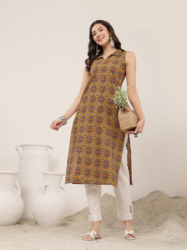 Rayon Calf Length Printed Sleeveless Shirt Collar Straight Kurta
