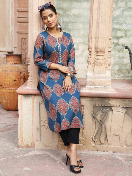 Blue Cotton Calf Length Printed Straight Round Neck Kurta