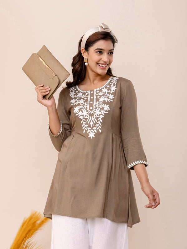 Grey Rayon Hip Length Solid Round Neck Solid Embroidered Straight Top