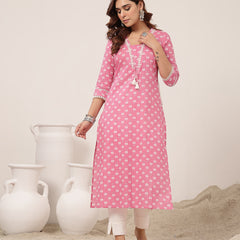 Cotton Calf Length Printed 3/4 Sleeve V-Neck Straight Kurta
