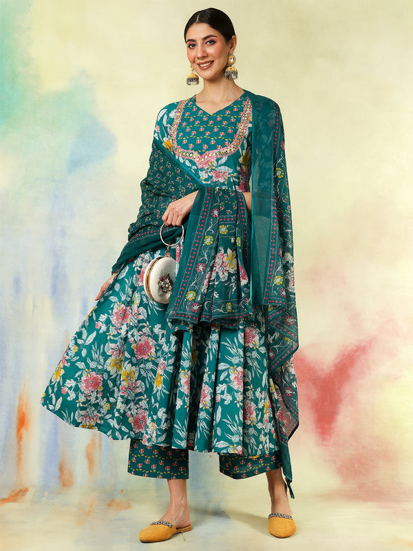 Black Pure Cotton Printed Embroidered Anarkali Kurta Suit Set