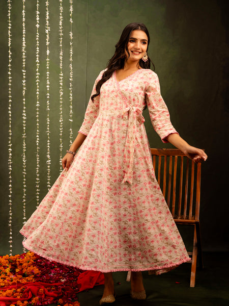 Off White Cotton Calf Length Printed Flared Angrakha Kurta