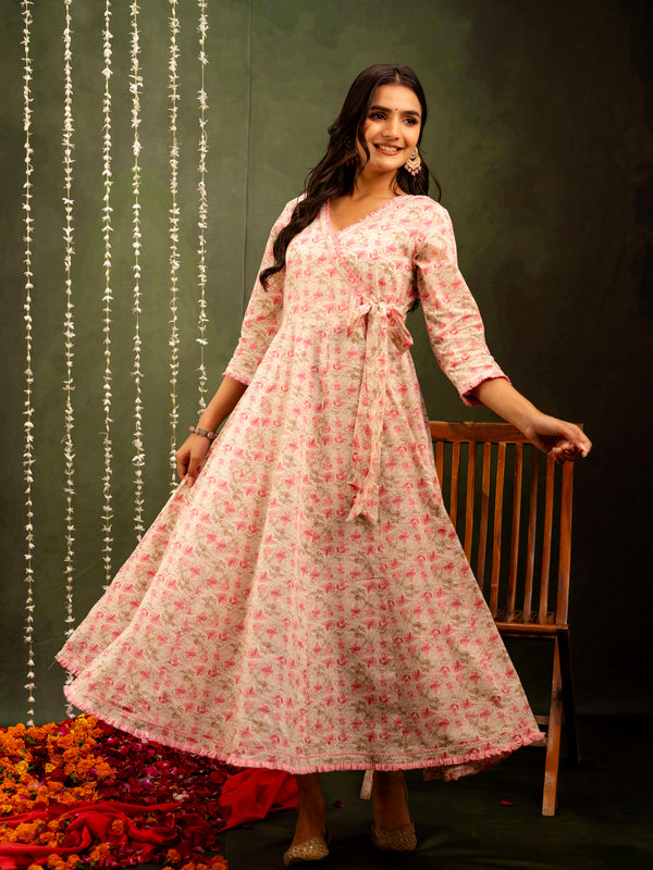 Off White Cotton Calf Length Printed Flared Angrakha Kurta