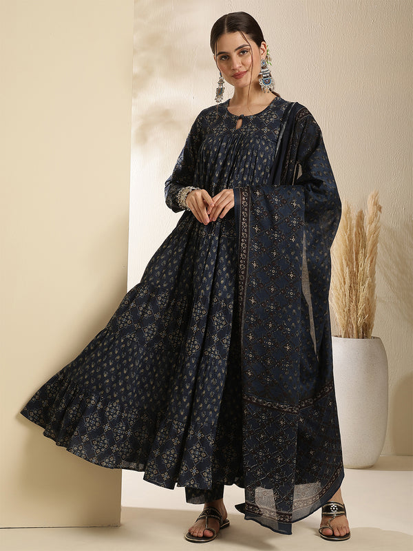 Maroon Pure Cotton Printed Keyhole Neck Anarkali Kurta Suit Set