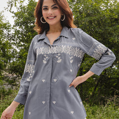 Gulmohar Jaipur Rayon Hip Length Solid 3/4 Sleeve Shirt Collar Straight Top