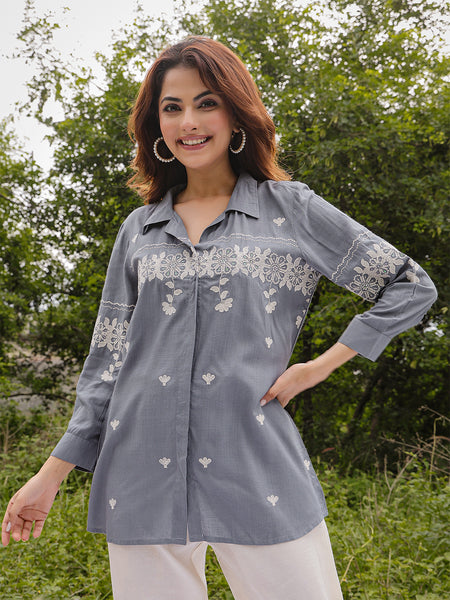 Gulmohar Jaipur Rayon Hip Length Solid 3/4 Sleeve Shirt Collar Straight Top