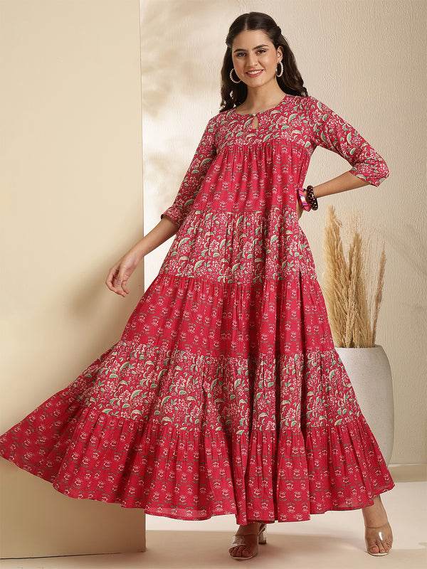 Pink Pure Cotton Printed 3/4 Sleeves Key Hole Neck Anarkali Gown