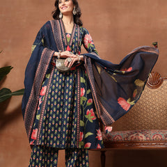 Cotton Calf Length Printed 3/4 Sleeves V-Neck Flared Kurta Suit Set