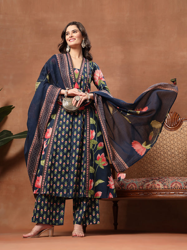 Cotton Calf Length Printed 3/4 Sleeves V-Neck Flared Kurta Suit Set