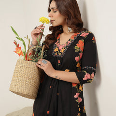 Rayon Calf Length Printed 3/4 Sleeve V-Neck Flared Kurta