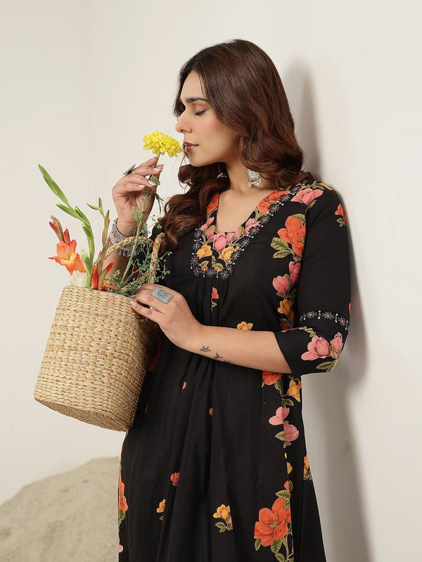 Rayon Calf Length Printed 3/4 Sleeve V-Neck Flared Kurta