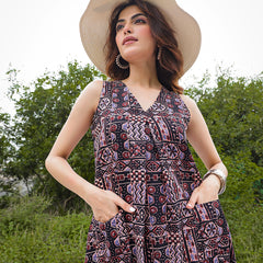 Gulmohar Jaipur Rayon Calf Length Printed Sleeveless V-Neck Flared Dress