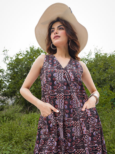 Gulmohar Jaipur Rayon Calf Length Printed Sleeveless V-Neck Flared Dress