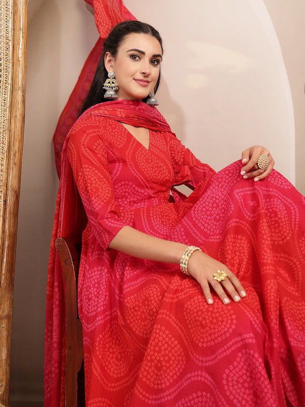 Gulmohar Jaipur Cotton Calf Length Printed 3/4 Sleeves V-Neck Flared Kurta Suit Set