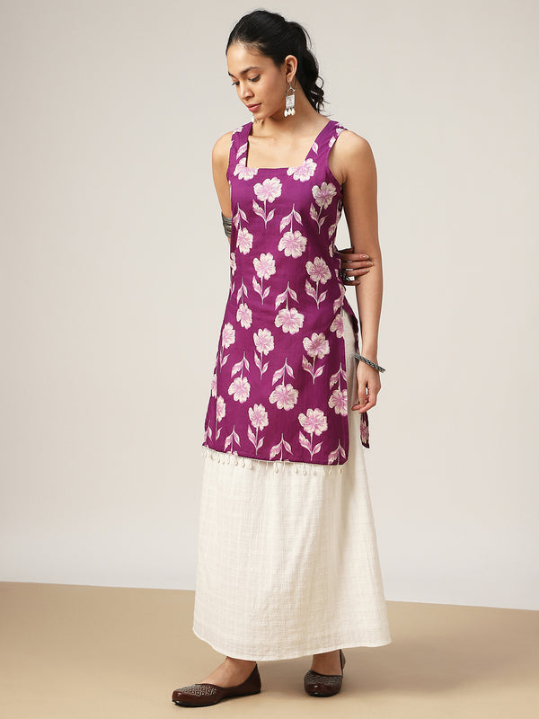 Cotton Hip Length Printed Sleeveless Square Neck Straight Top
