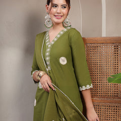 Cotton Calf Length Solid 3/4 Sleeve V-Neck Straight Kurta Suit Set