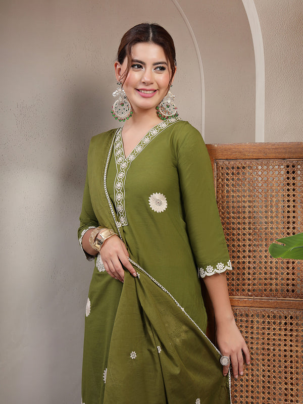 Cotton Calf Length Solid 3/4 Sleeve V-Neck Straight Kurta Suit Set