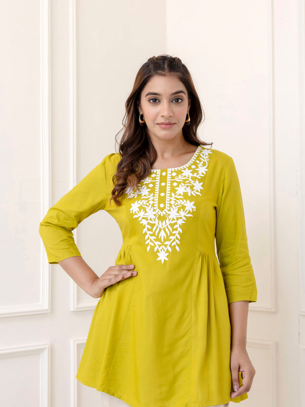 Lime Rayon Hip Length Solid Round Neck Solid Embroidered Straight Top