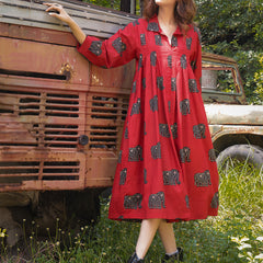 Gulmohar Jaipur Cotton Calf Length Printed Full Sleeve Shirt Collar Flared Dress