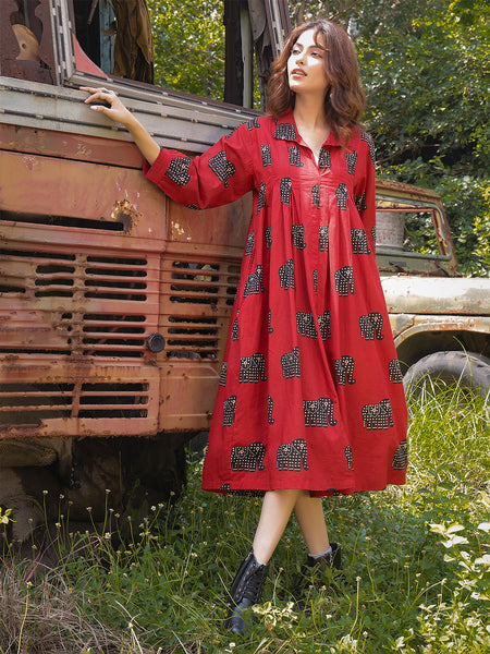 Gulmohar Jaipur Cotton Calf Length Printed Full Sleeve Shirt Collar Flared Dress