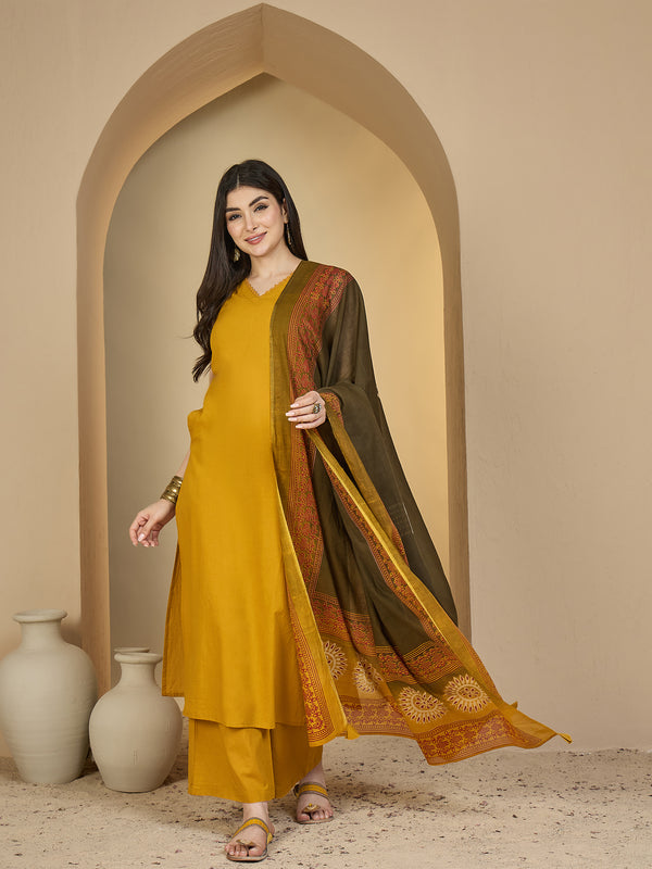 Gulmohar Jaipur Rayon Calf Length Solid Sleeveless V-Neck Straight Kurta Suit Set