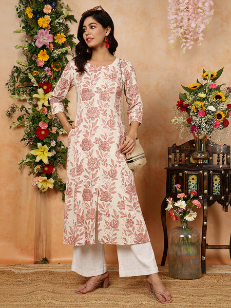 Cream Cotton Flex Calf Length Printed Round Neck A-Line Kurta