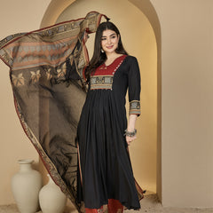 Gulmohar Jaipur Rayon Calf Length Solid 3/4 Sleeves V-Neck Flared Kurta Suit Set