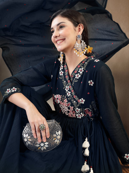 Gulmohar Jaipur Cotton Calf Length Solid Full Sleeves Anrakha Neck Flared Kurta Suit Set