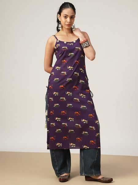Rayon Calf Length Printed Sleeveless Strappy Straight Kurta