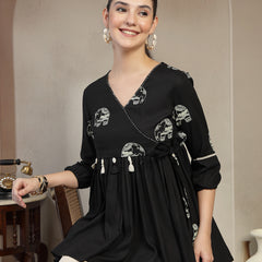 Gulmohar Jaipur Rayon Hip Length Printed 3/4 Sleeves V-Neck Flared Top