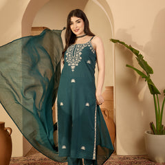 Gulmohar Jaipur Cotton Calf Length Solid Sleeveless V-Neck Straight Kurta Suit Set
