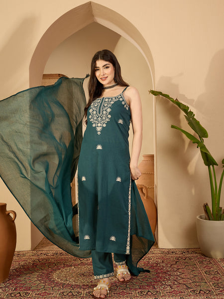 Gulmohar Jaipur Cotton Calf Length Solid Sleeveless V-Neck Straight Kurta Suit Set