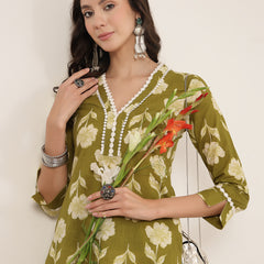 Gulmohar Jaipur Cotton Calf Length Printed 3/4 Sleeves V-Neck Anarkali Kurta Suit Set