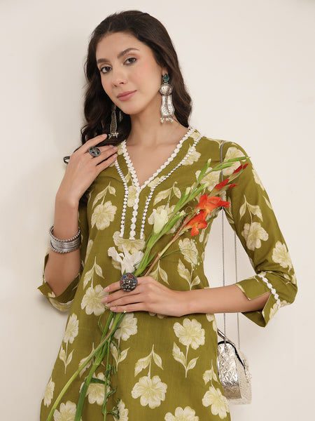Gulmohar Jaipur Cotton Calf Length Printed 3/4 Sleeves V-Neck Anarkali Kurta Suit Set