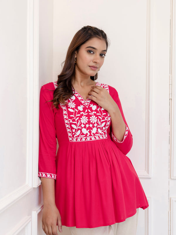 Pink Rayon Hip Length Solid V-Neck Solid Embroidered Semi-Flared Top