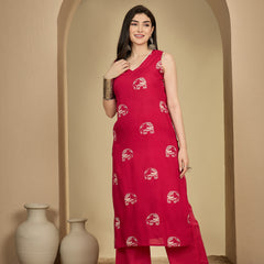 Gulmohar Jaipur Rayon Calf Length Printed Sleeveless V-Neck Straight Kurta Suit Set