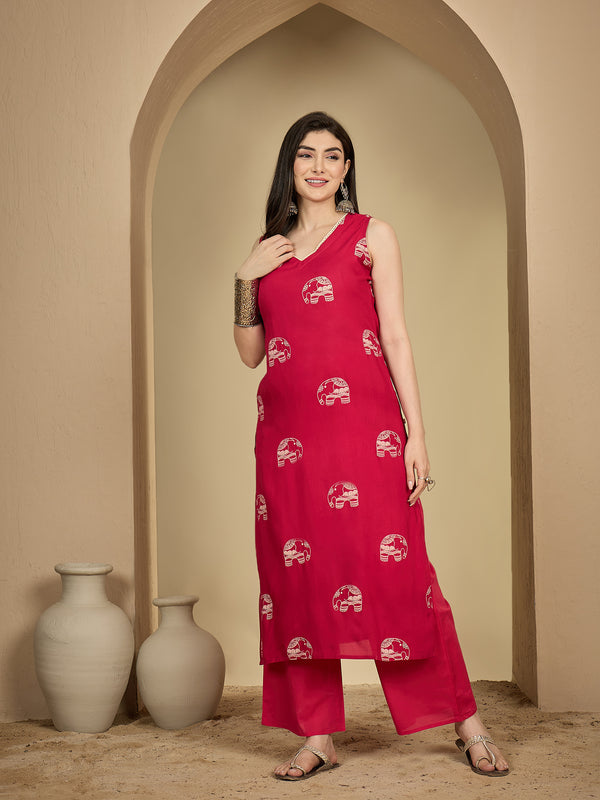 Gulmohar Jaipur Rayon Calf Length Printed Sleeveless V-Neck Straight Kurta Suit Set