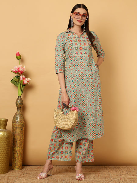 Rayon Calf Length Straight Shirt Coller Kurta Palazzo Set