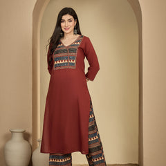 Gulmohar Jaipur Rayon Calf Length Solid 3/4 Sleeves V-Neck Straight Kurta Suit Set