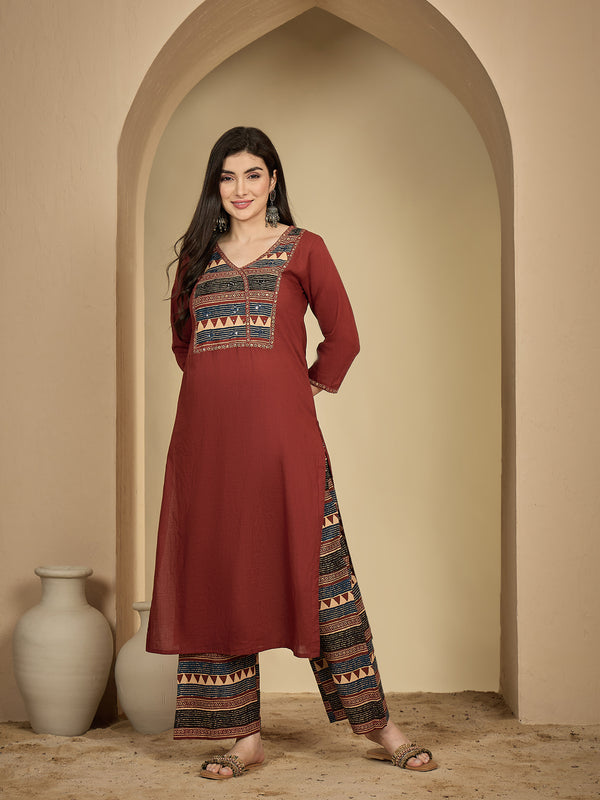 Gulmohar Jaipur Rayon Calf Length Solid 3/4 Sleeves V-Neck Straight Kurta Suit Set