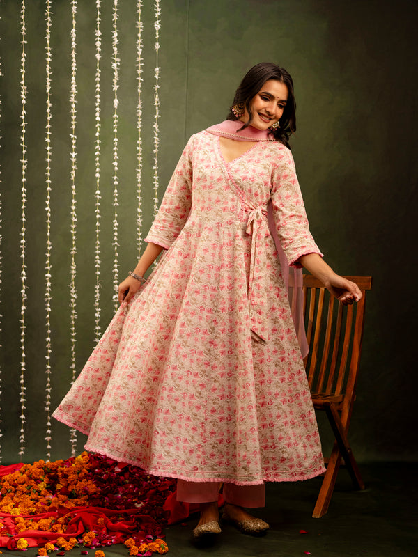 Off White Cotton Calf Length Printed Flared Angrakha Kurta Suit Set