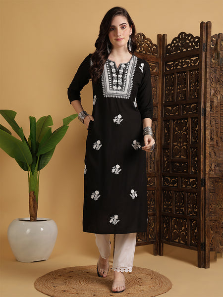 Maroon Cotton Calf Length Printed Straight Round Neck Kurta Black Rayon Embroidered Calf Length Solid Straight Round Neck Kurta