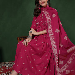 Rayon Calf Length Printed 3/4 Sleeves Round Neck Semi-Flared Kurta Suit Set