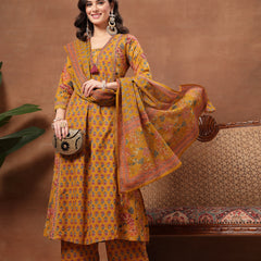 Cotton Calf Length Printed 3/4 Sleeves V-Neck Flared Kurta Suit Set