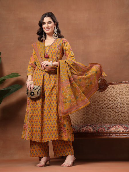 Cotton Calf Length Printed 3/4 Sleeves V-Neck Flared Kurta Suit Set