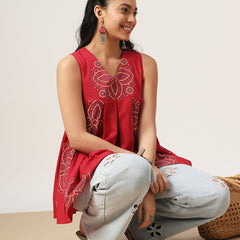 Cotton Hip Length Printed Sleeveless V-Neck Flared Top