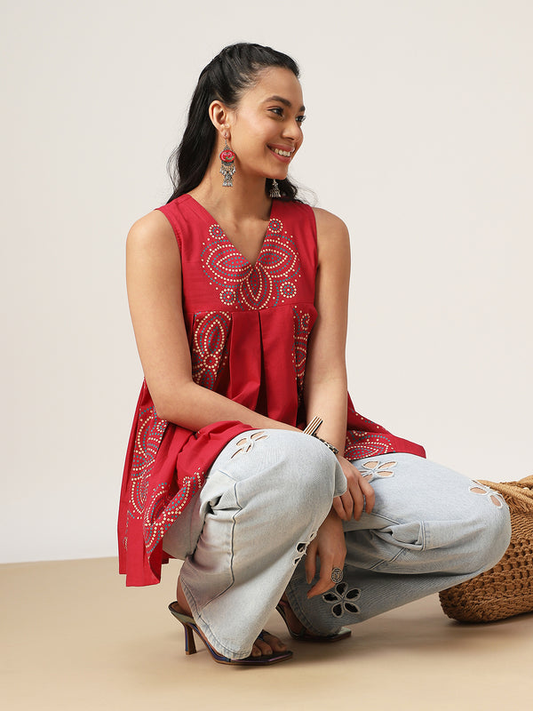 Cotton Hip Length Printed Sleeveless V-Neck Flared Top