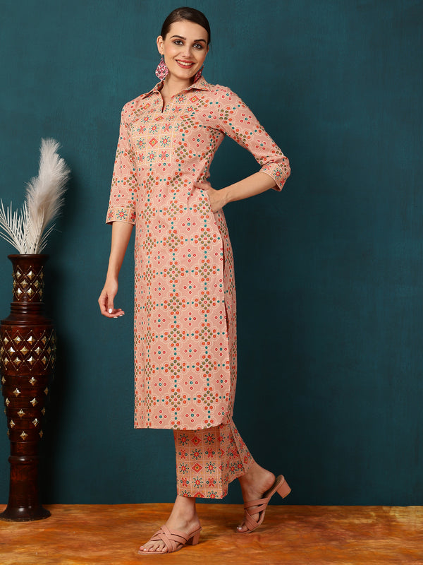 Calf Length Straight Shirt Coller Kurta Palazzo Set