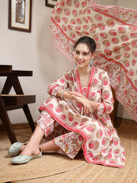 Pink Cotton Calf Length Printed V-Neck Anarkali Kurta Suit Set